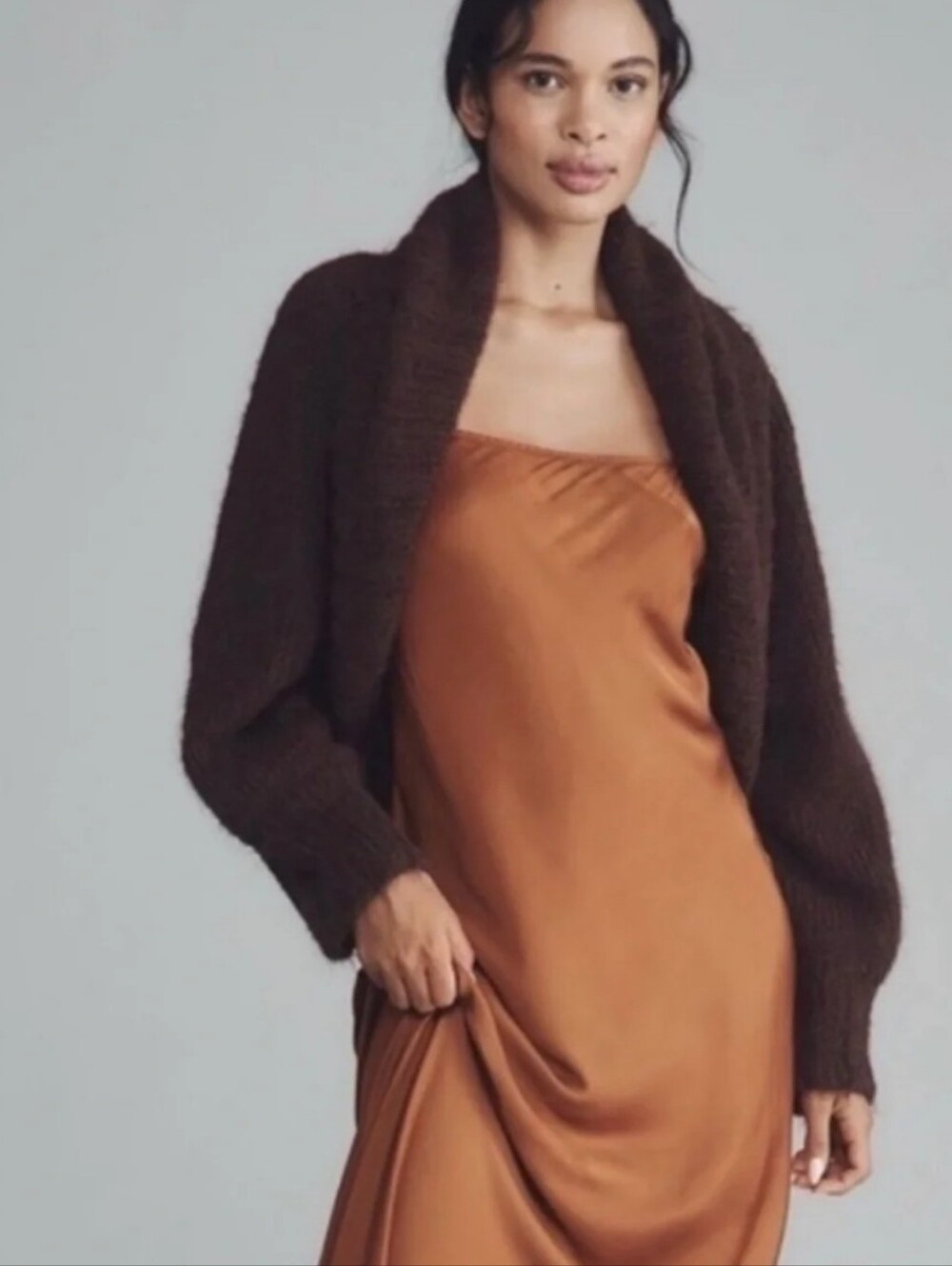 Mare Mare Anthropologie Cropped Fuzzy Shrug Cardigan Brown One Size Cozy Boho - Picture 2 of 10